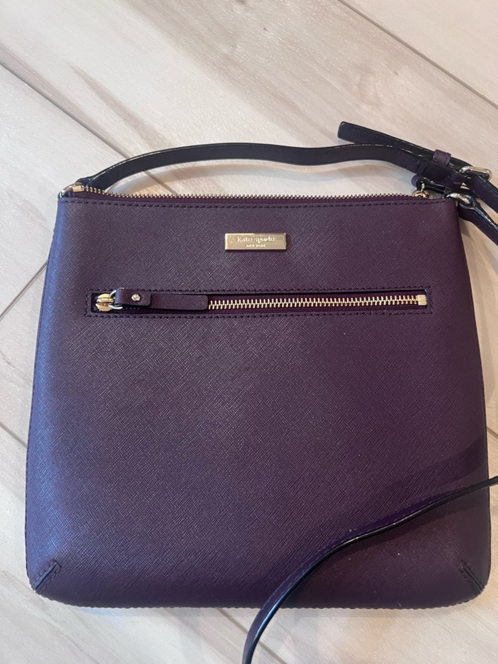 kate spade plum Saffiano crossbody with gold hardware